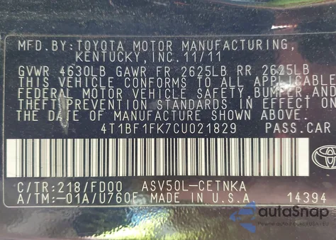 2012 Toyota Camry Le z USA, uszkodzony, nr VIN 4T1BF1FK7CU021829